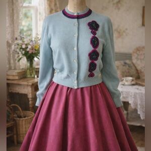 Vintage 1950s Light Blue Wool Cashmere, Floral, Beaded Cardigan Sweater